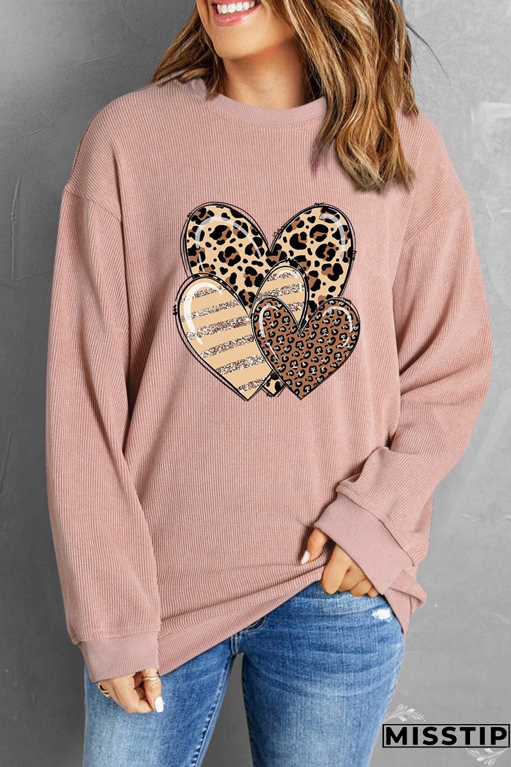 Pink Leopard Heart Shape Corded Loose Fit Sweatshirt