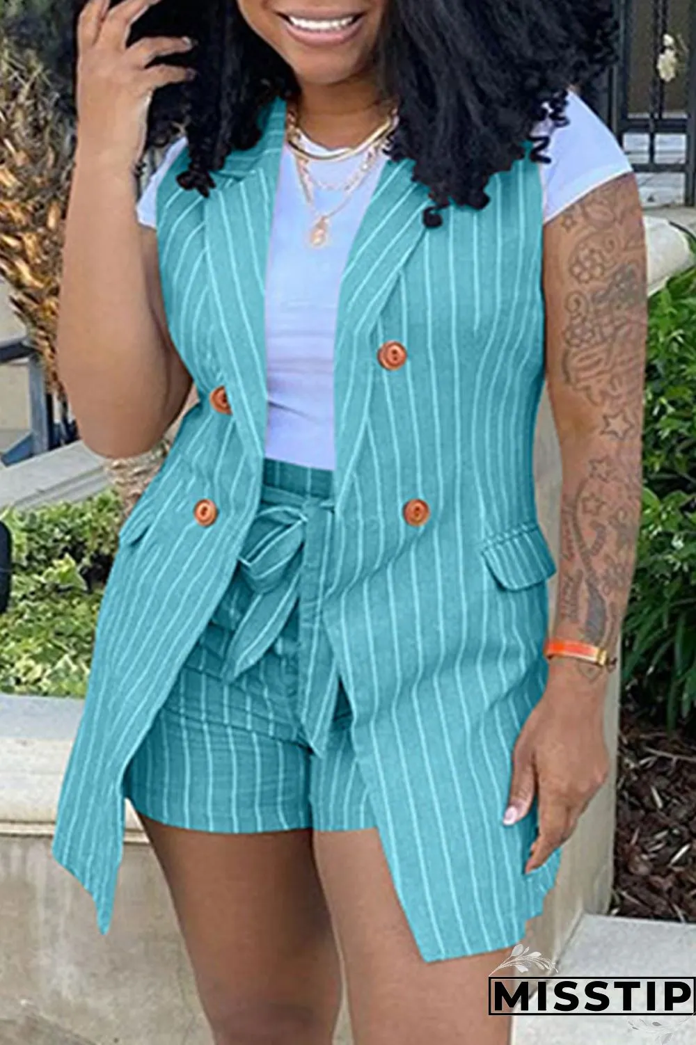 Khaki Fashion Casual Striped Print Patchwork Cardigan Turndown Collar Plus Size Two Pieces (Without T-shirt)