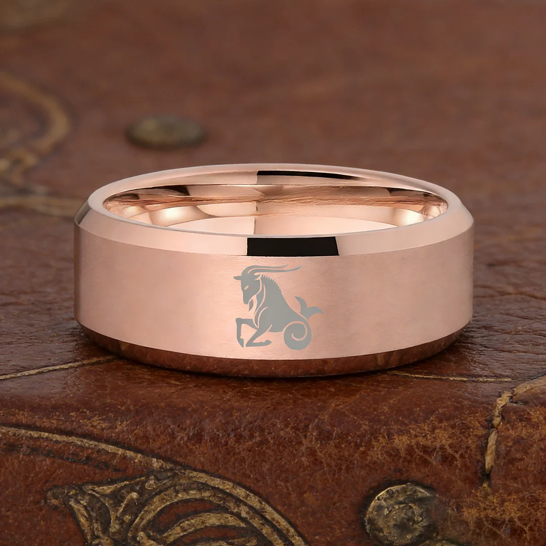 Mens Womens Rose Gold Capricorn Tungsten Carbide Bands Rose Gold Edges and Laser Etched Wedding Rings Comfort Fit 4MM 6MM 8MM Width