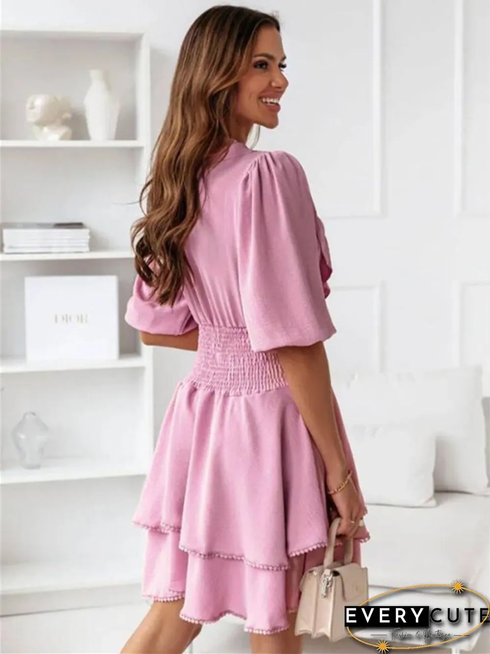 V-neck Solid Color Ruffled Waist Short Sleeve Dress