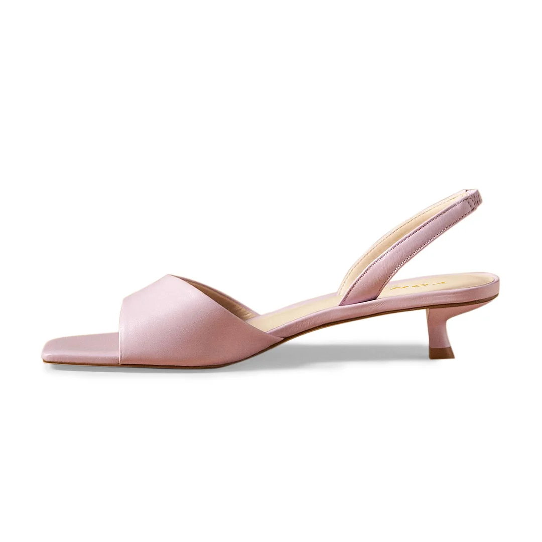 Vegan Leather Slingback Open Square Toe Kitten Heel Pink Sandals