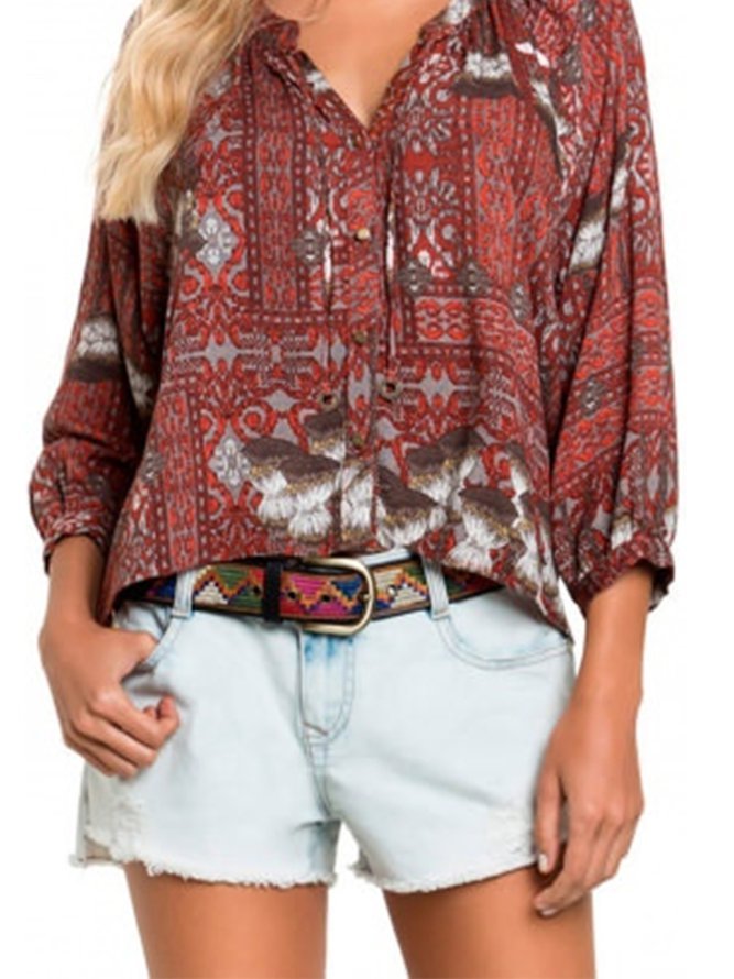 Printed Chiffon V Neck Casual Shirts & Tops