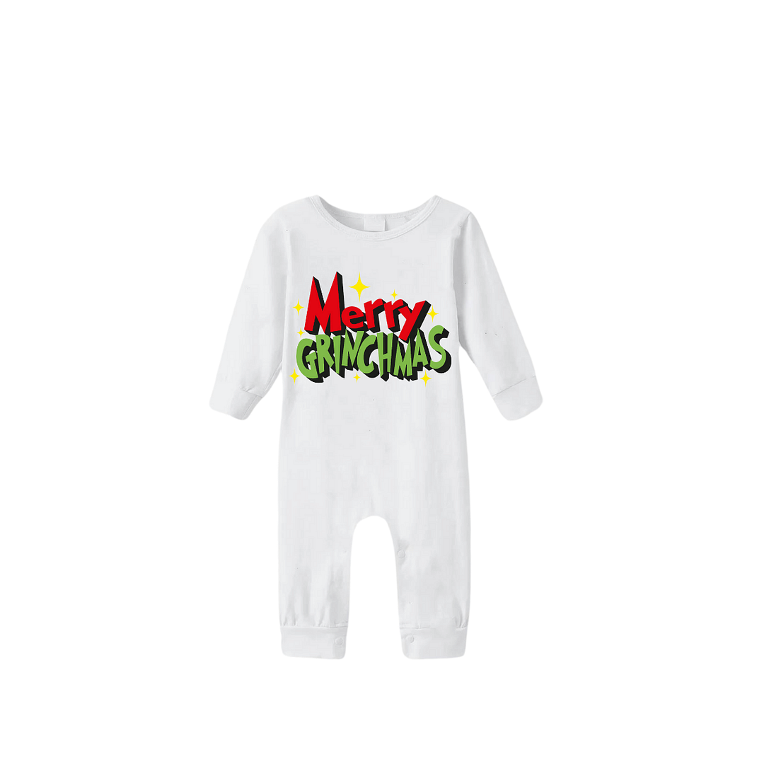 Christmas Merry Grinchmas Letter Printed White Long Sleeve Top with Black & White Plaid Pants Family Matching Pajamas