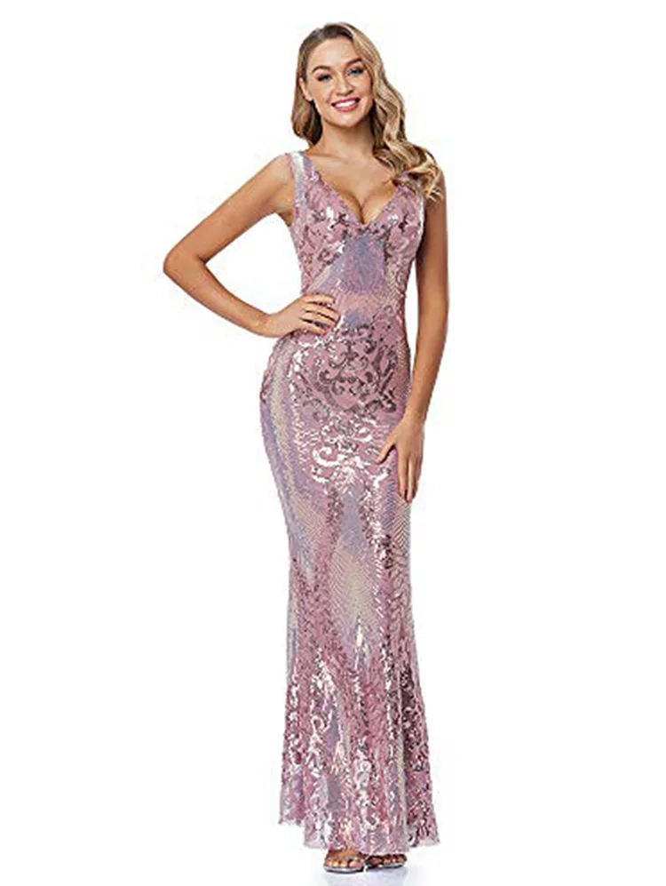 Women's Double V-Neck Sequined Evening Party Maxi Dress