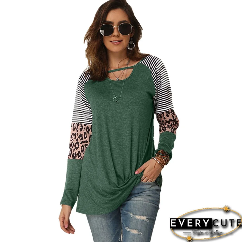 Green Long Sleeve T-Shirt Splice Leopard Stripe