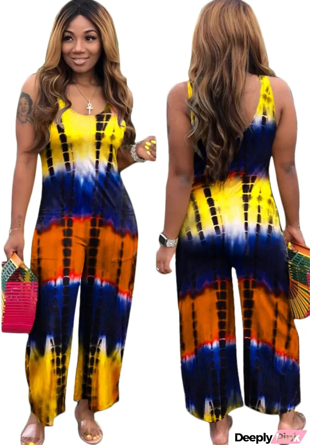 Summer Casual Sleeveless Tie Dye Loose Jumpsuit