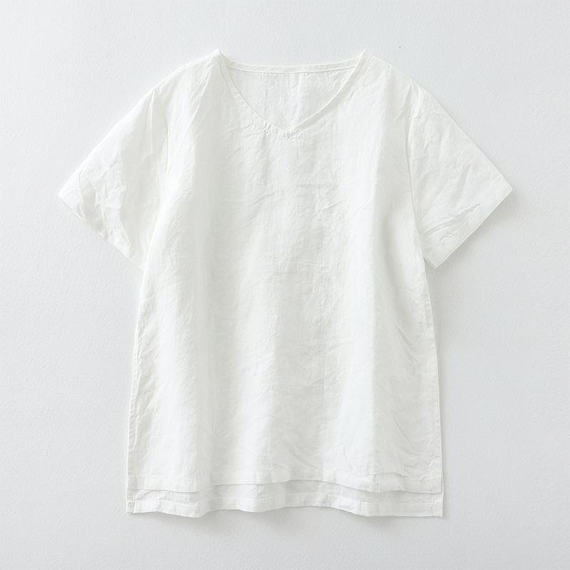 Simple cotton linen V-neck T-shirt