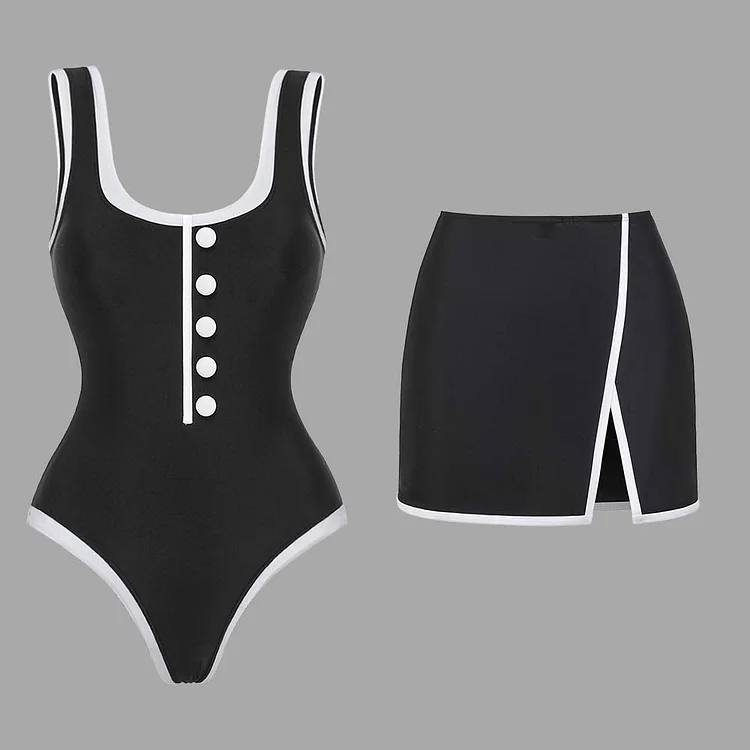 White Buttoned Tummy Control One-Piece Swimsuit and Skirt