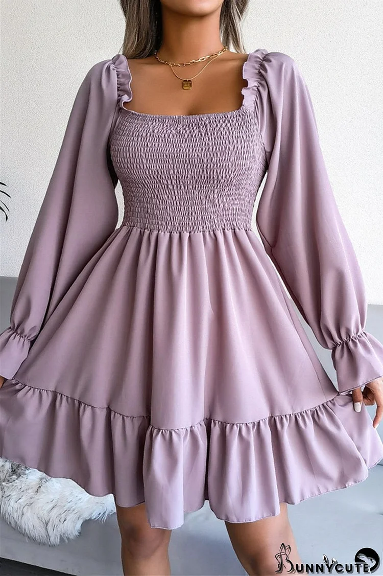 Light Purple Fashion Casual Solid Patchwork Square Collar Long Sleeve Dresses