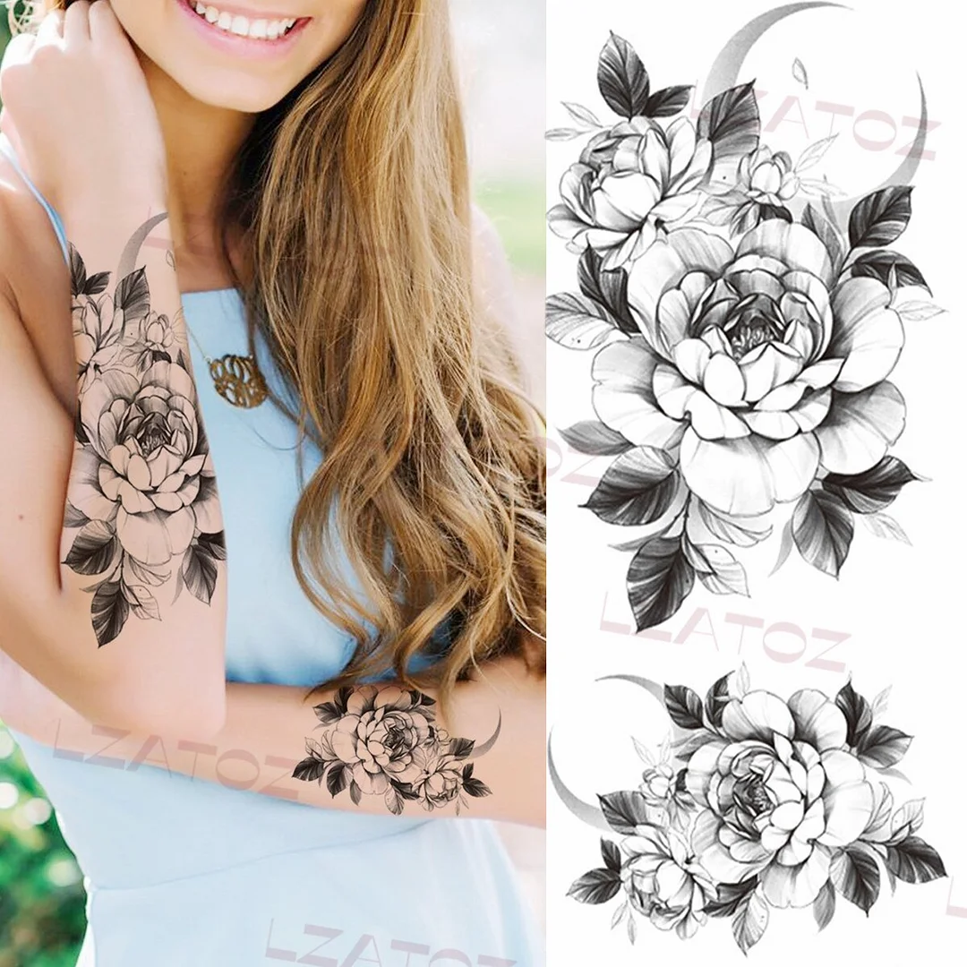 Sdrawing Big Letters Temporary Tattoos For Men Women Moon Pendant Peony Fake Tattoo Sticker Custom Armband Fashion Disposable Tatoo