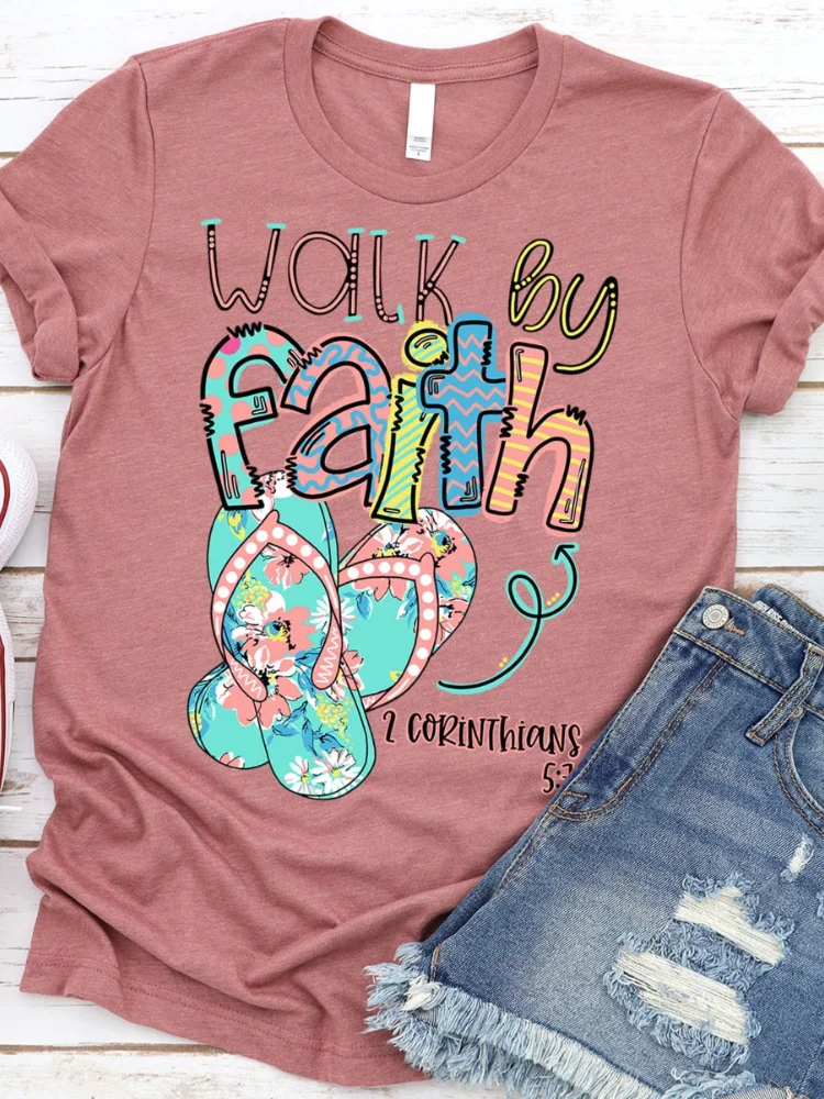 Vefave Walk By Faith Flip Flops Print Short Sleeve T Shirt