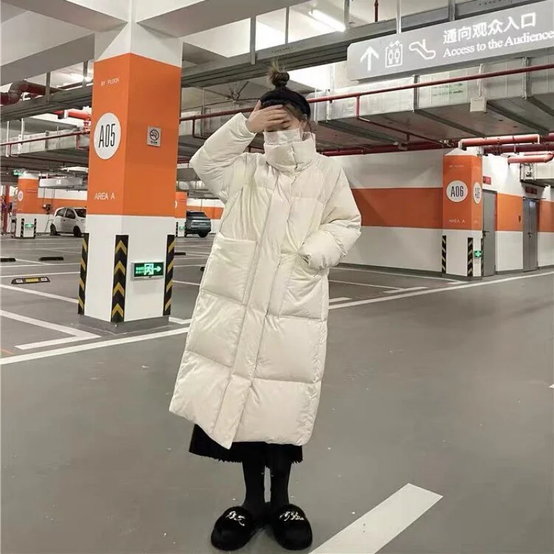 Toloer Standing Collar Long White Duck Down Down Jacket Female 2024 Winter New Thick Large Pocket Over The Knee Loose Warm Coat-Outfit Ideas