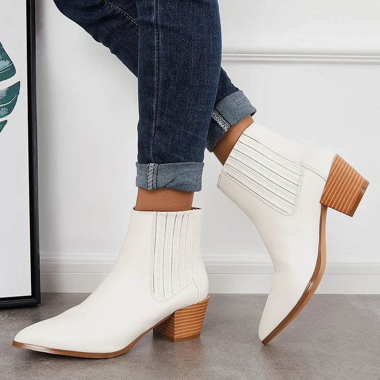 Pointed Toe Western Cowboy Booties Chunky Heel Slip On Ankle Boots