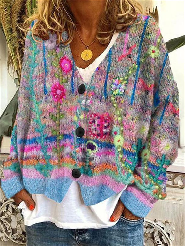 Women's New Abstract Printing Casual Poncho Jacket Cardigan Sweater