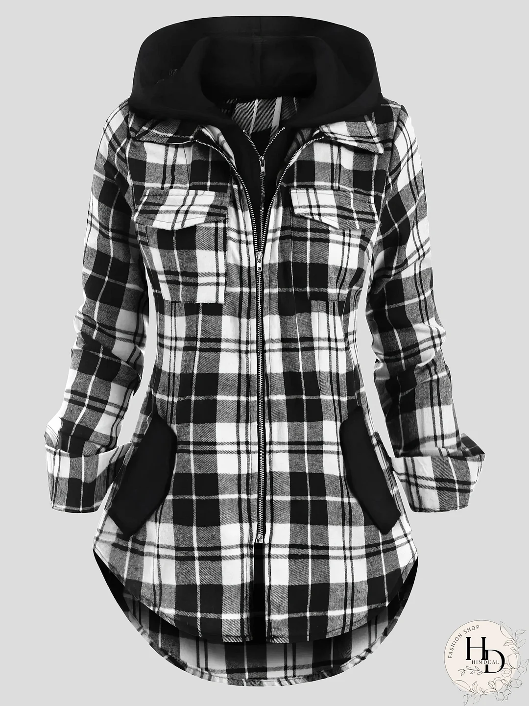 Plaid Zip-Up Hooded Coat with Pockets