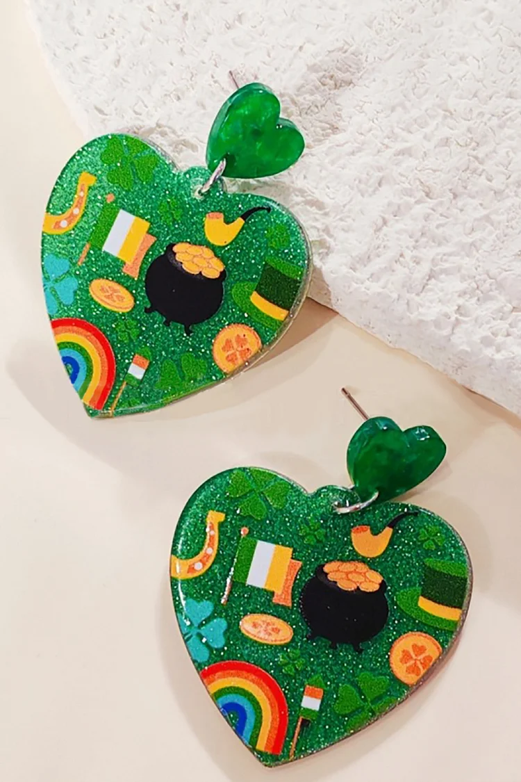 St. Patrick's Day Shamrock Inspired Print Heart Pendant Dangle Earrings