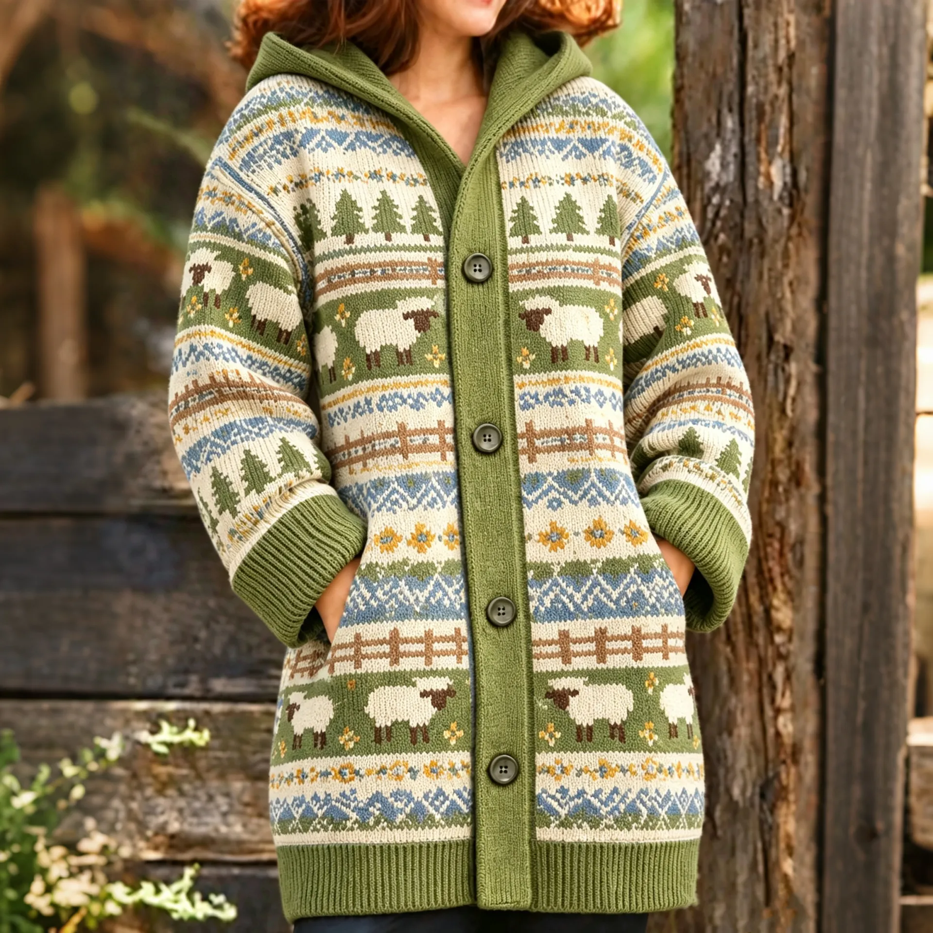 Comstylish Women's Vintage Sheep-pattern Knitted Hooded Cardigan
