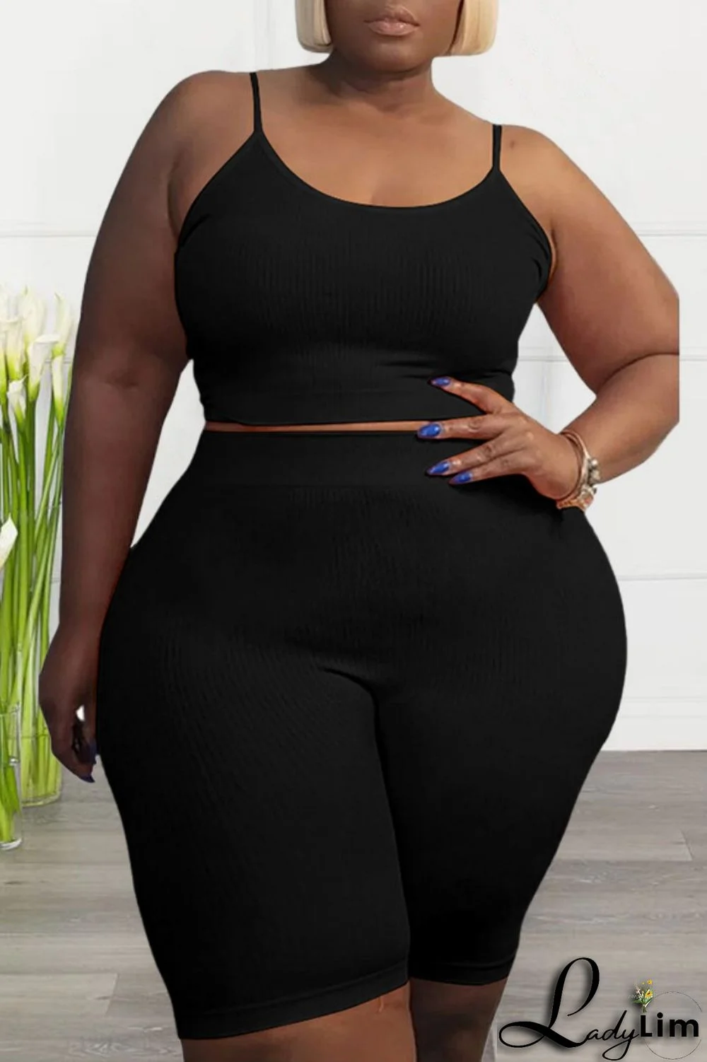 Black Sexy Casual Solid Backless Spaghetti Strap Plus Size Two Pieces