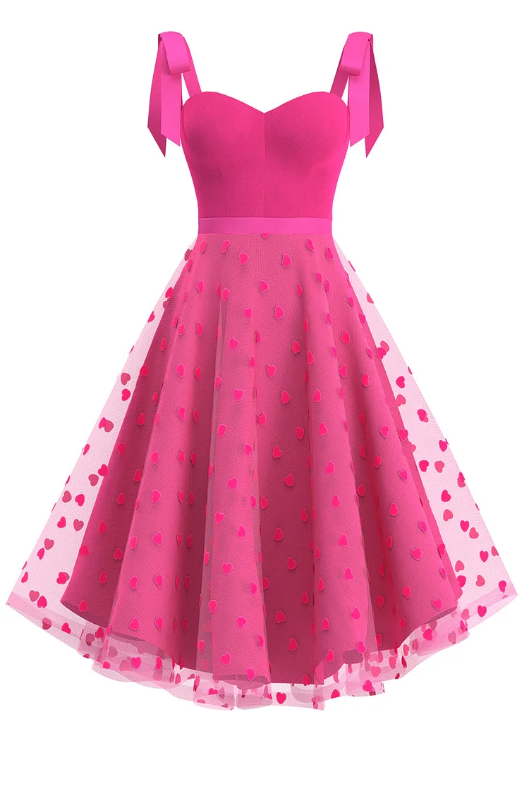 1950s Pink Wedding Party Mesh Heart-shape Flocking Tie Bow A-line Midi Dress [In Stock]