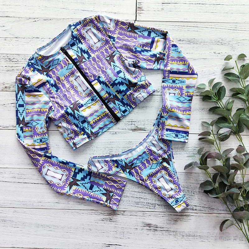 2020 New Sexy Long Sleeve Bikinis Women Swimsuit Green Leaves Print Bathing Suits Beachwear Brazilian Bikini Set Biquini Female