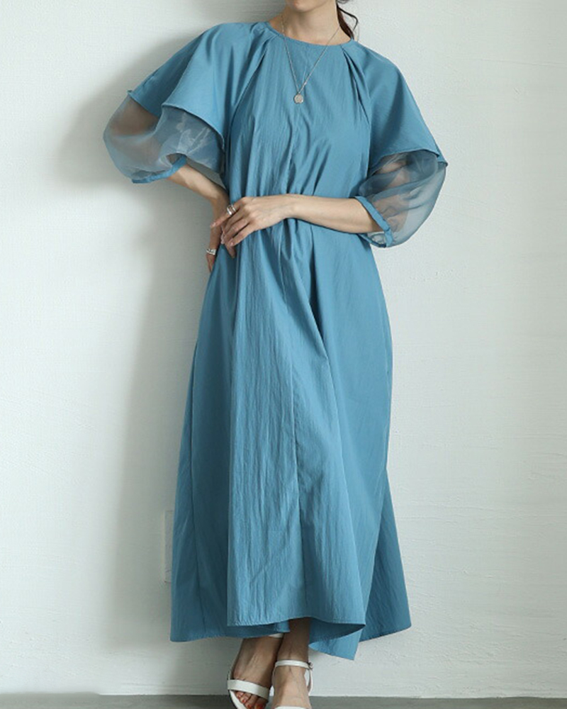 Sheer Puff Half Sleeve Round Neck Loose Midi Dress