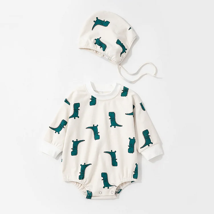 2pcs Baby Boy Dinosaur Print Long Sleeve T-shirt Bodysuit with Hat Set