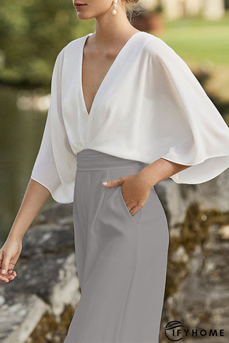 British Style Elegant Color Block Pocket Contrast V Neck Loose Jumpsuits | IFYHOME