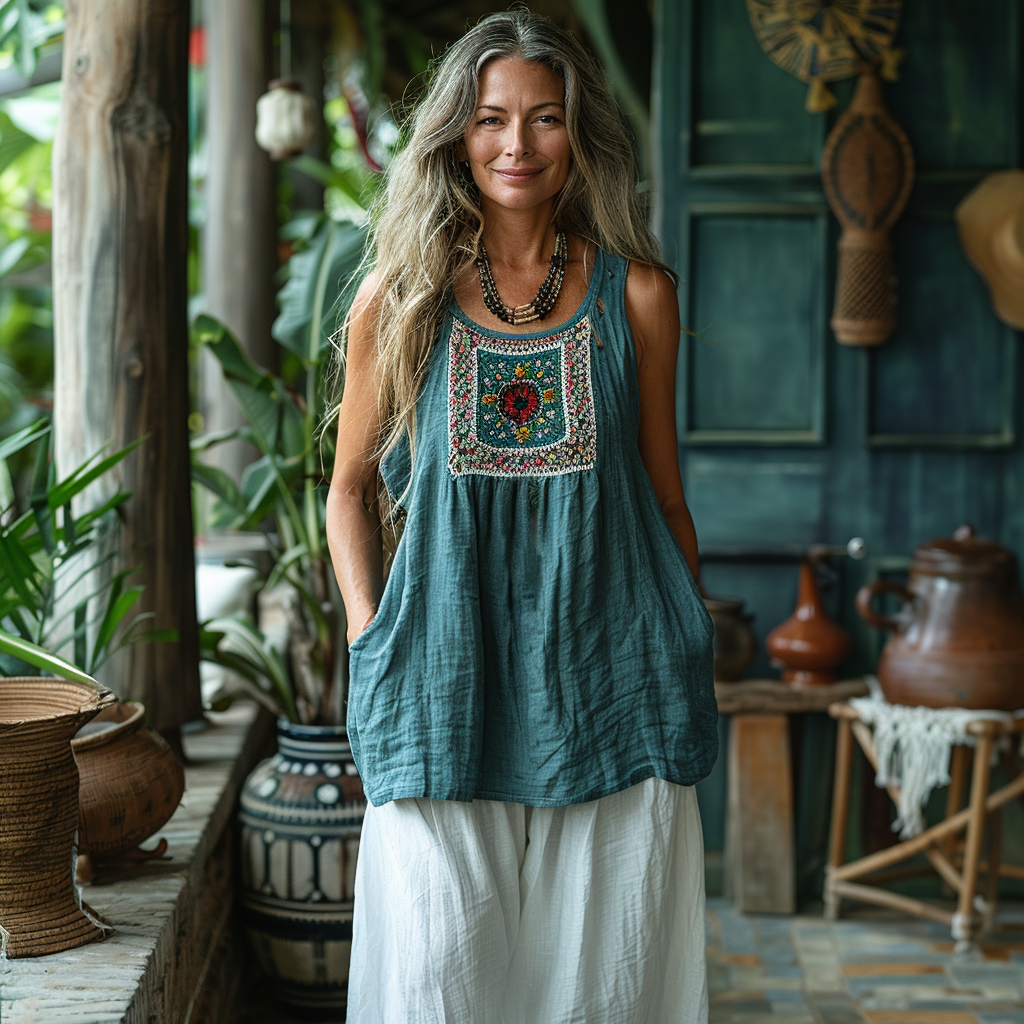 Woman - Ethnic Linen Top-inspireuse