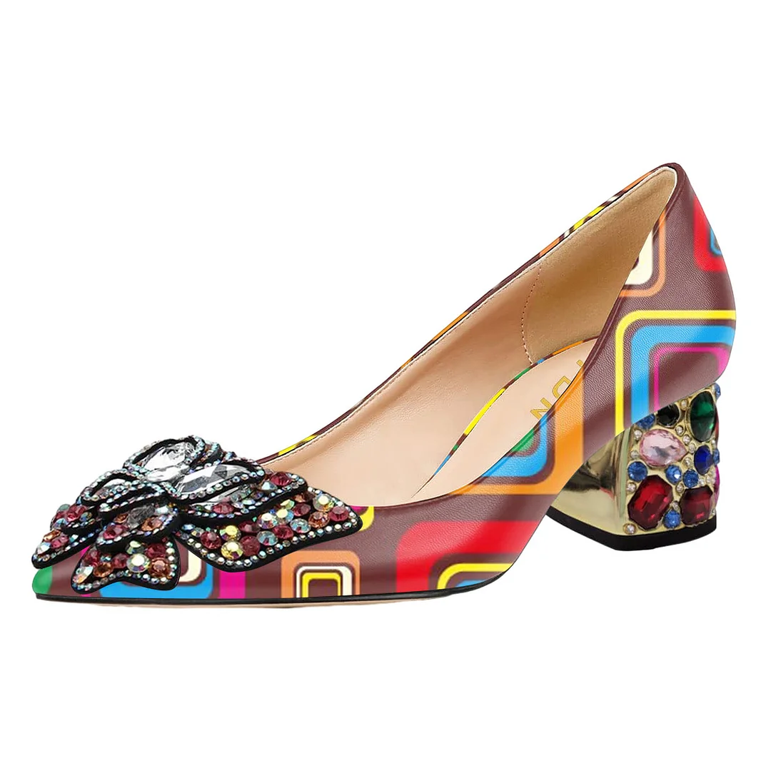 Eye-Catching Colorful Square Printed Rhinestone Patent Leather Pumps