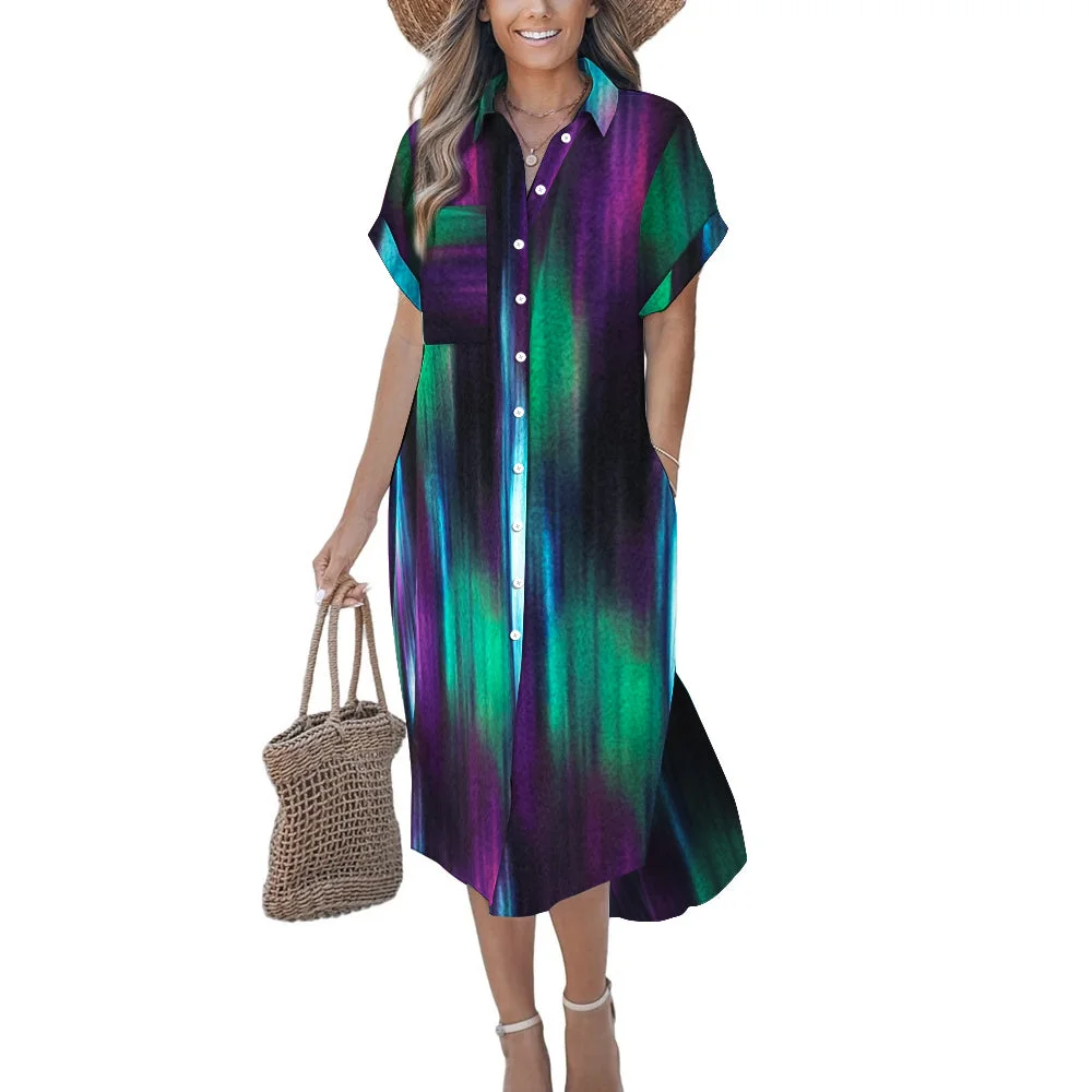 Women Casual Loose Dress with Pockets in Pattern Green, Ray, Black