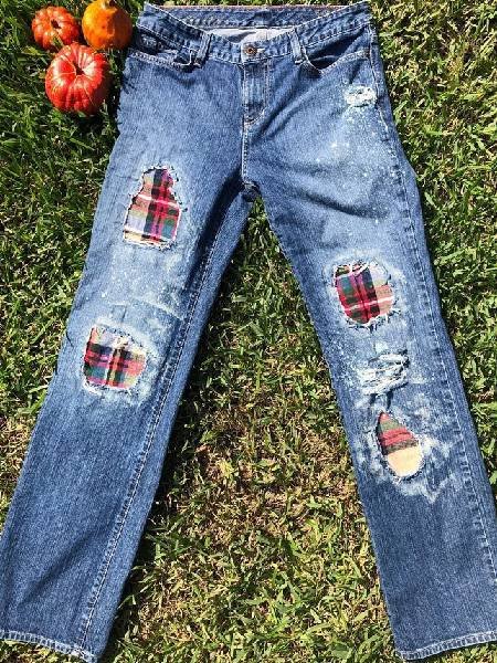 Blue Denim Casual Checkered/plaid Pants