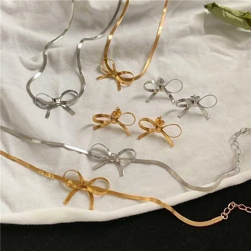 Vintage Style Minimalist Solid Color Bow Knot 304 Stainless Steel 18K Gold Plated Plating Stainless Steel Necklaces4