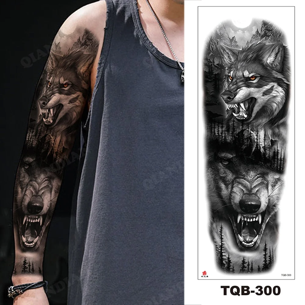 Full Arm Temporary Tattoo Wolf Lion Fish Horns Geometric Man Body Leg Rose Flower Phoenix Waterproof Sticker Cool Women Tatoo
