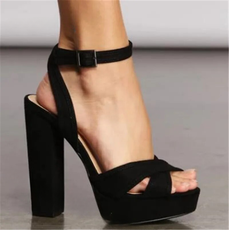 VCSHOES Open Toe Black Suede Leather Chunky Heel Sandals High Platform Ankle Straps Buckle Thick Heel Sandals Big Size