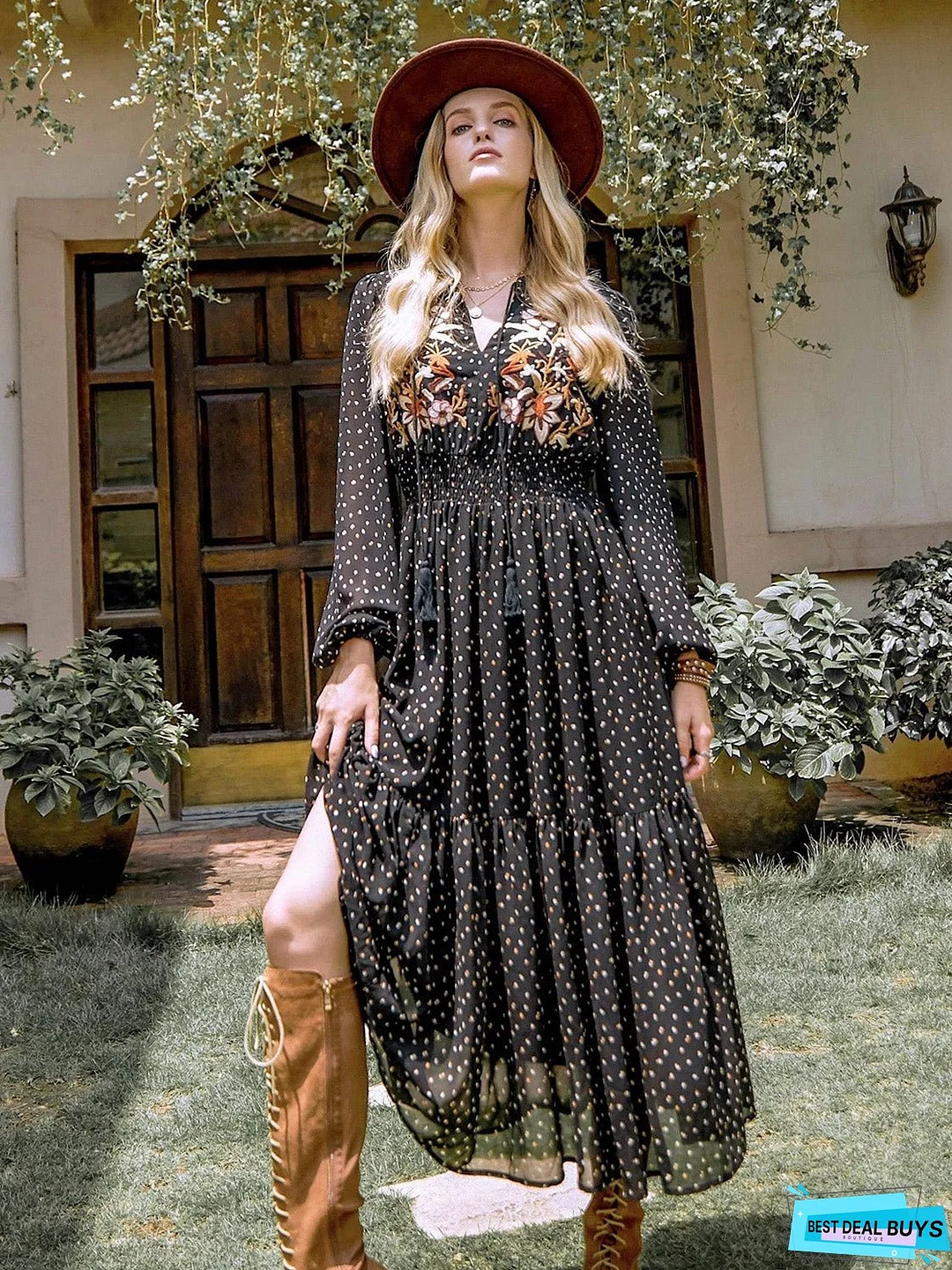 Embroidered Polka Dot Tie Neck Long Sleeve Midi Dress