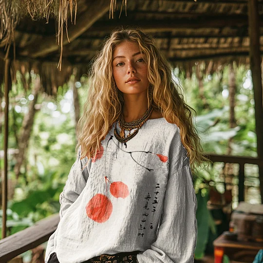 Vintage Art Print Cotton and Linen Loose-fit Top