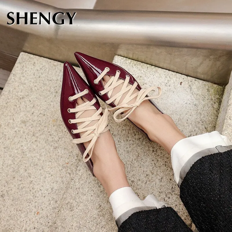 2020 New Spring Summer Pointed Toe Low Heels Shoes Woman Cross Strap Lace Up Gladiator Pumps Black Office Shoes
