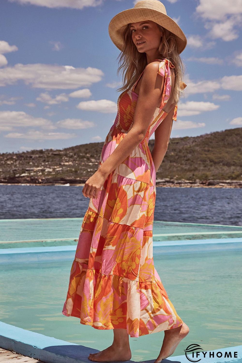 Orange Boho Print Tie Straps Smocked Maxi Dress | IFYHOME