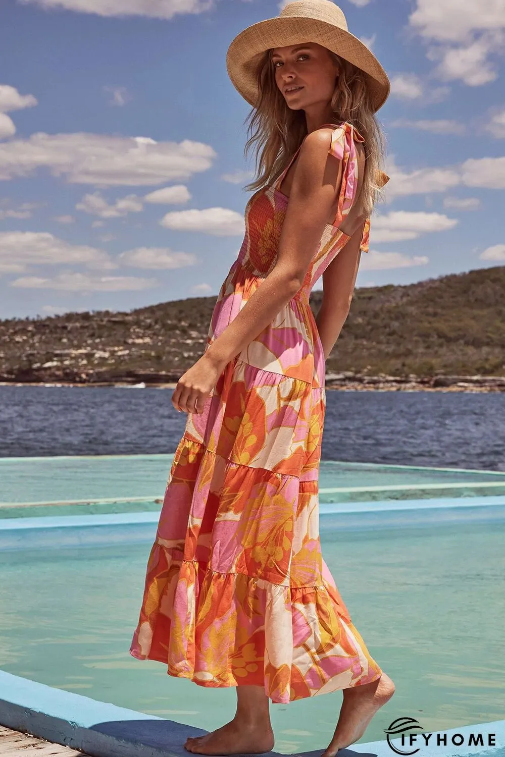 Orange Boho Print Tie Straps Smocked Maxi Dress | IFYHOME