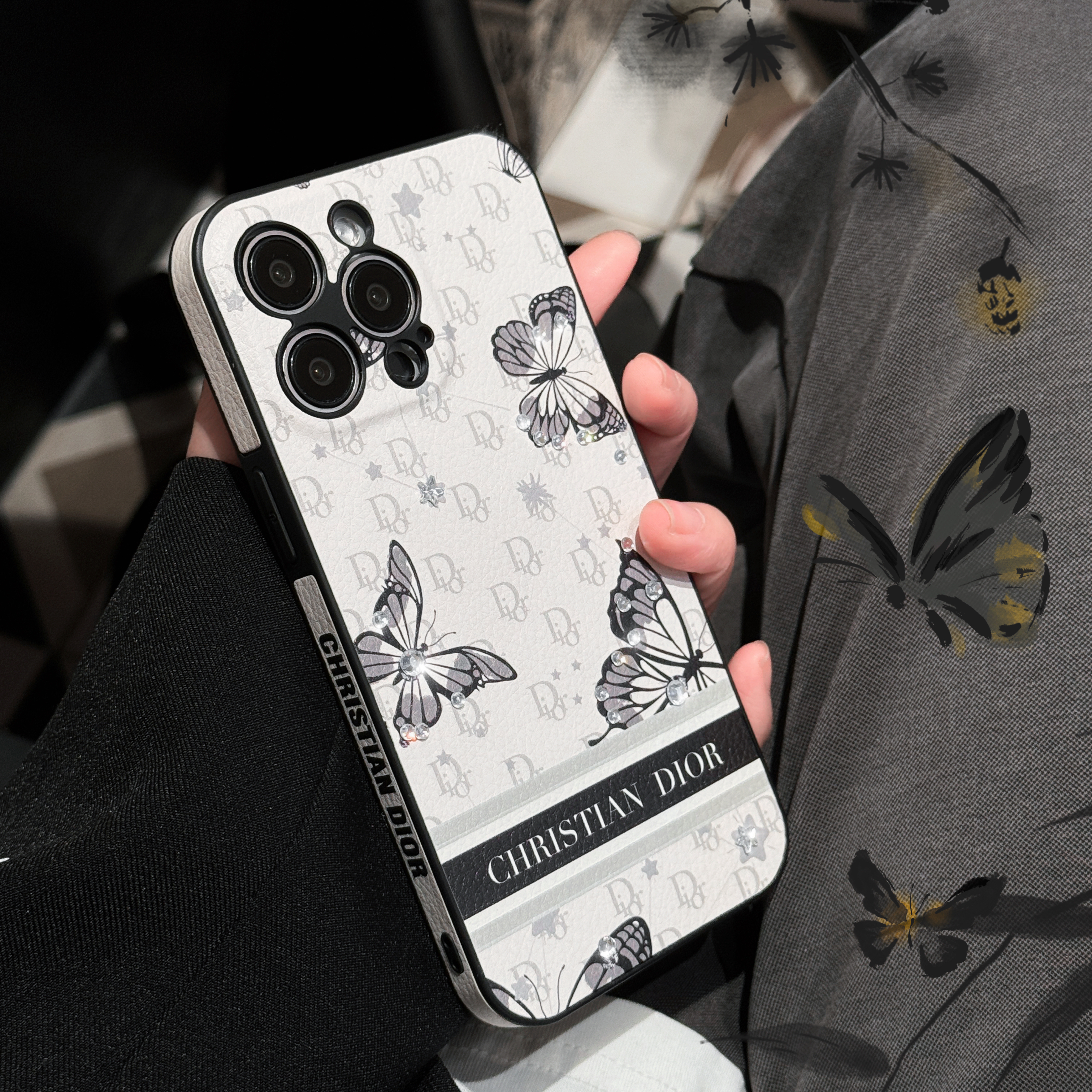 3D Rhinestone Decorated Butterfly Dior Leather Apple iPhone Case