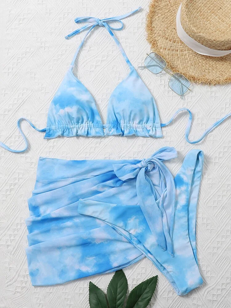 Peachtan Mesh 3 Pieces Bikini Set Floral Print Swimwear Female Traingle Swimsuit Women String Swimming Suit Bathing Suit 2022