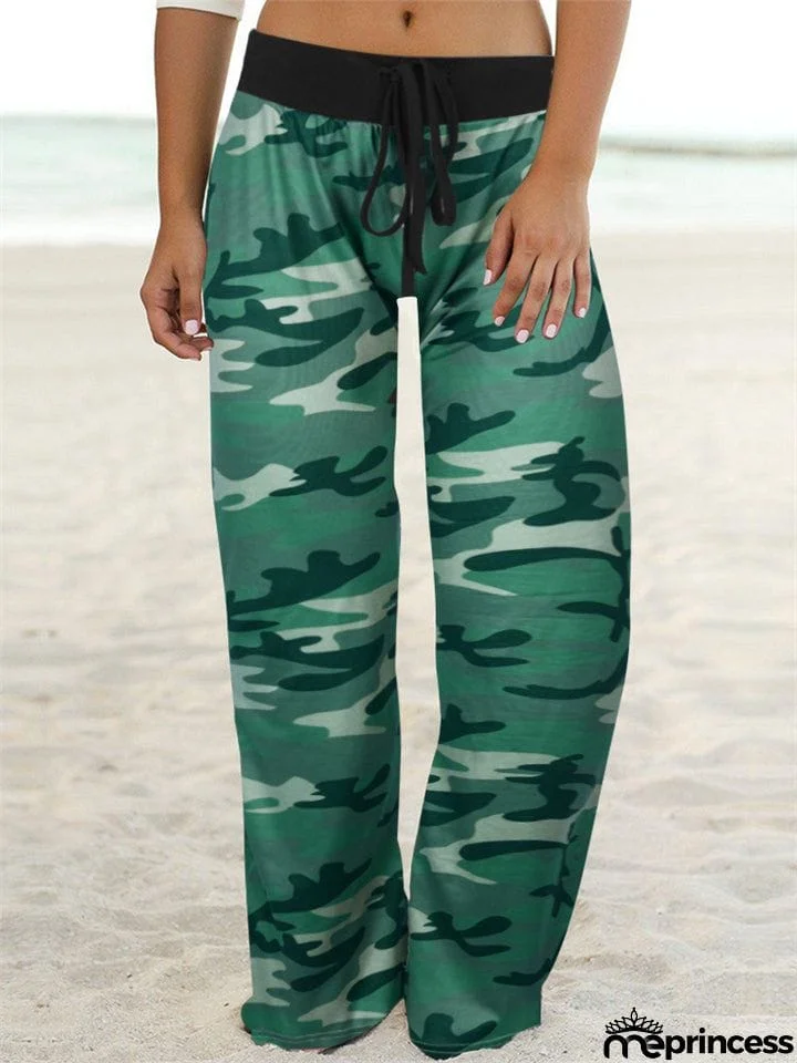 Comfortable Camouflage Print Drawstring Wide-Leg Pants