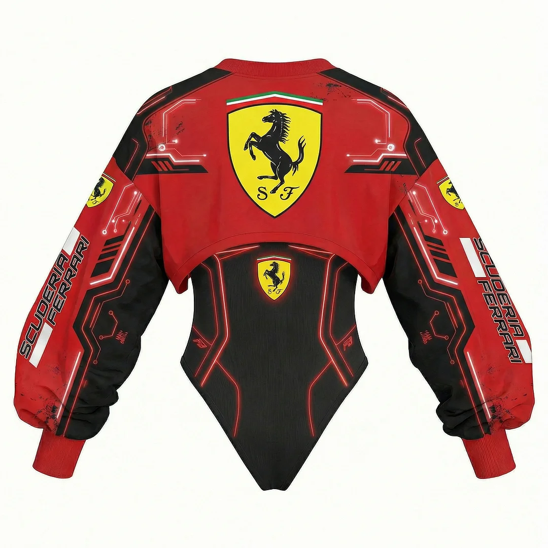 Women's Racing Team Logo Digitally Printed Tights Irregular Sweatshirt Set