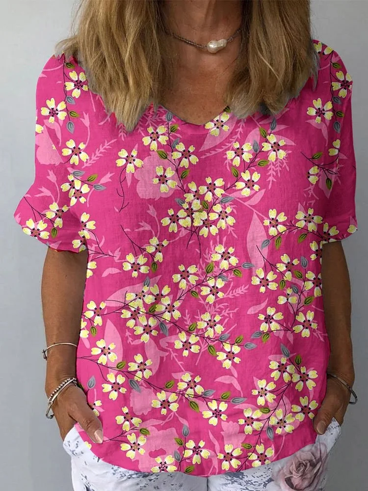Women's Vintage Floral Art Print Casual Cotton And Linen Shirt
