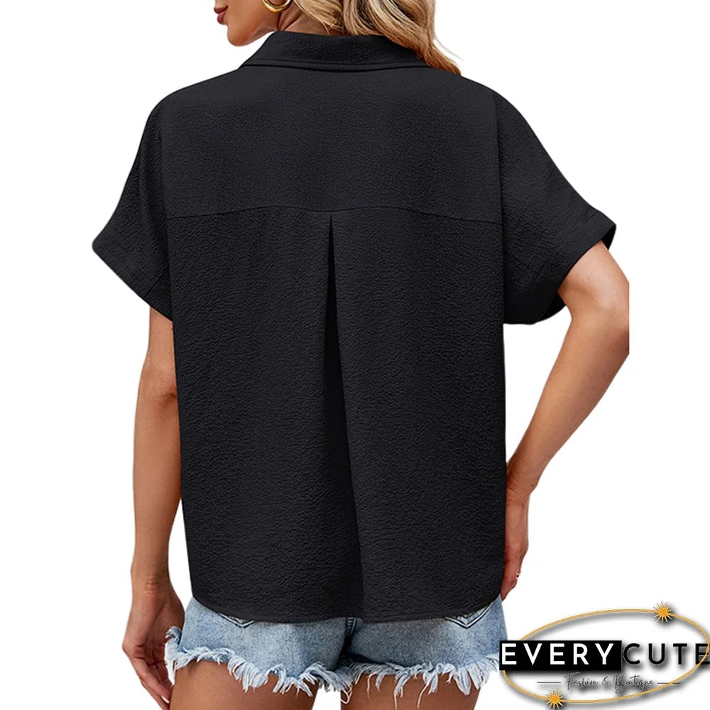Black Button Lapel V Neck Short Sleeve Shirt