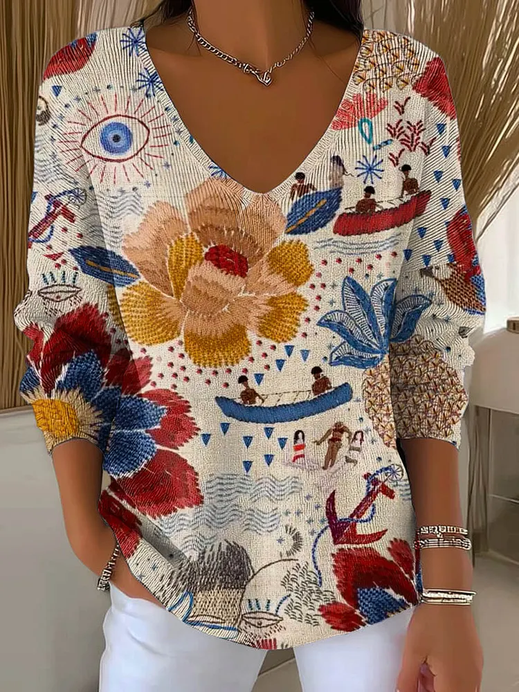 Women's Vintage Floral Art Print Casual Pullover Sweater