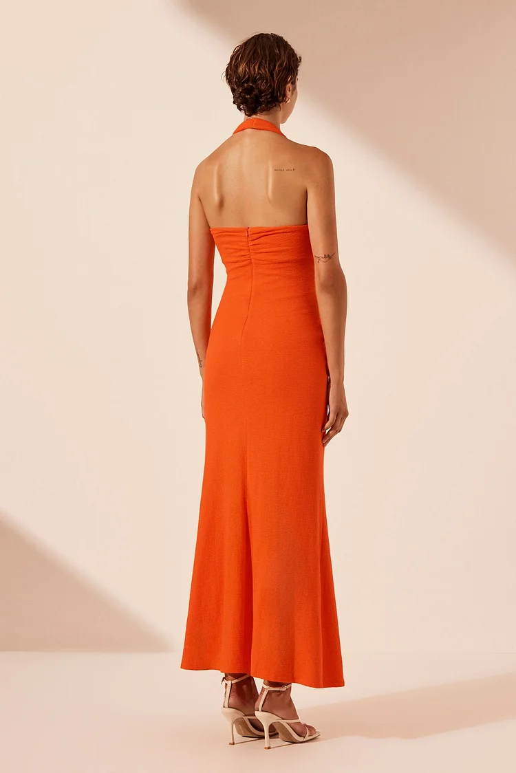 SHONA JOY | BEAU HALTER RUCHED MIDI DRESS