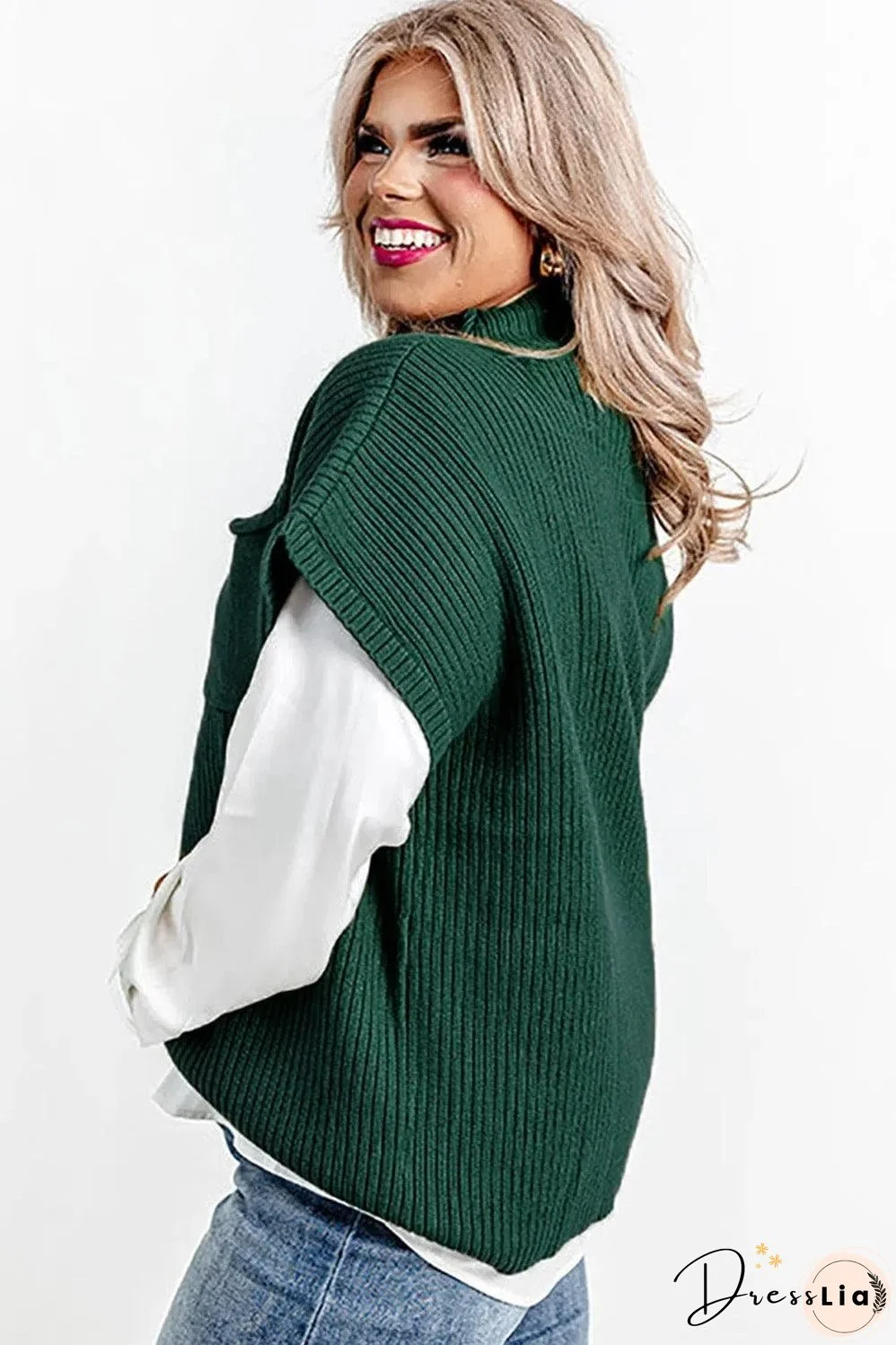 Jungle Green Plus Size Mock Neck Chest Pocket Short Sleeve Sweater