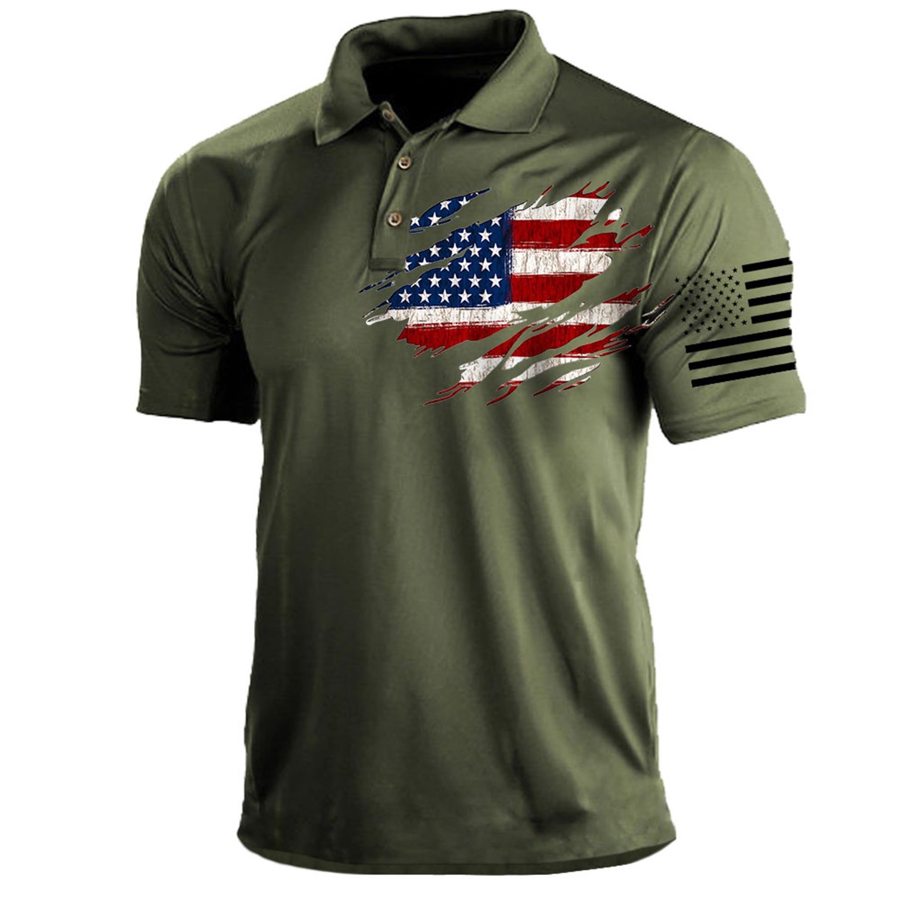 Men's American flag printed button T-shirt PLUSCLOTHESMAN