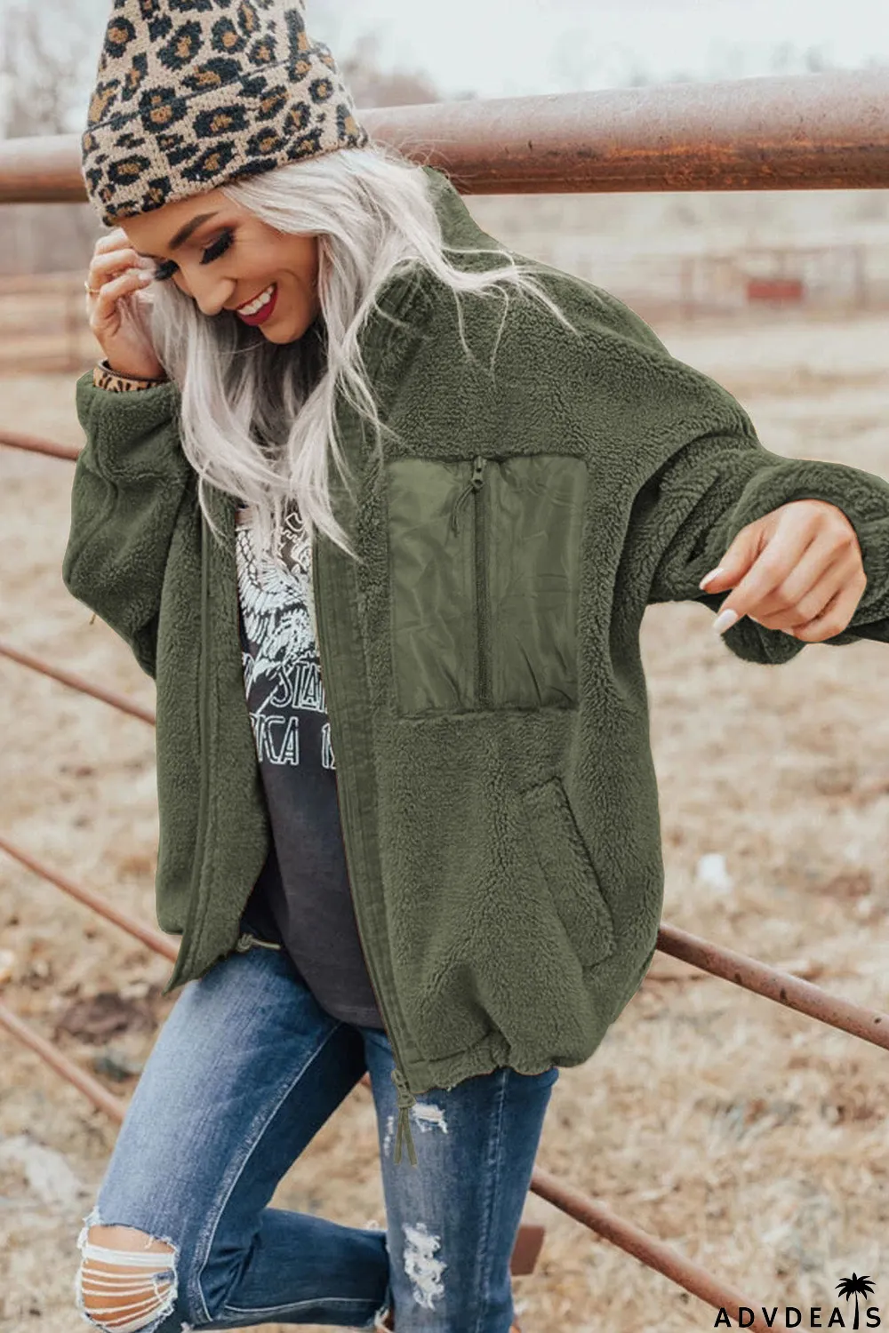 Zip Up Sherpa Coat With Pocket